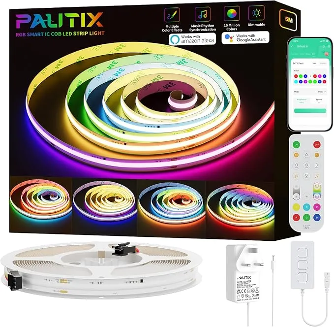 PAUTIX WiFi RGB Smart IC COB LED Strip - Multicoloured Flexible Lights for Home DIY Projects